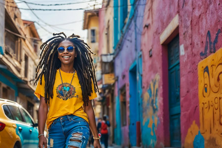 Portrait of a cheerful woman with dreadlocks and sunglasses. Generative AIの素材