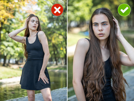 You need to choose the right angle when photographing a photo model. Collage of two photos. Common...