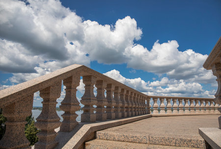 Marble steps and railings on the veranda view from below.