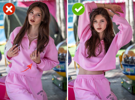Collage of two photos. Common mistakes in female posing and how to avoid them.