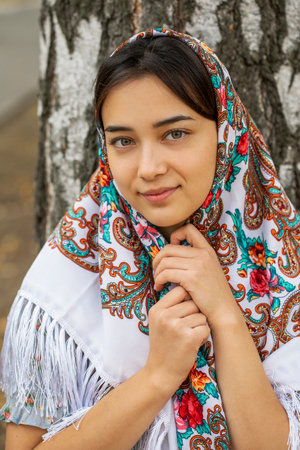 Close up portrait of a Slavic woman of Korean originの写真素材