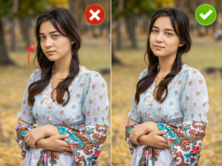 Collage of two photos. Common mistakes in female posing and how to avoid them.の写真素材