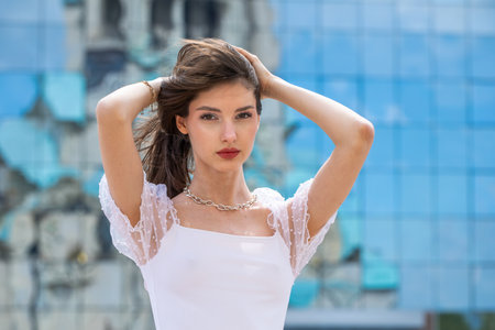 Close up portrait of a young beautiful woman, summer outdoorの写真素材