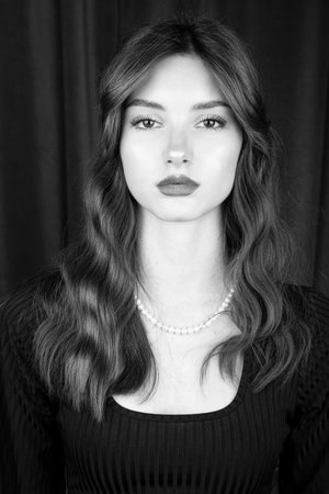 Close up portrait of a young beautiful woman, studio indoorの写真素材