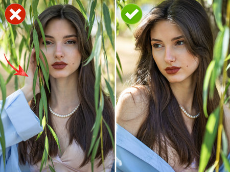 Collage of two photos. Common mistakes in female posing and how to avoid them.の写真素材