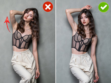 Collage of two photos. Common mistakes in female posing and how to avoid them.の写真素材