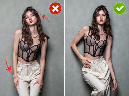 Collage of two photos. Common mistakes in female posing and how to avoid them.の写真素材