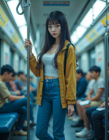 Young beautiful girl in a subway car. Generative AIの素材