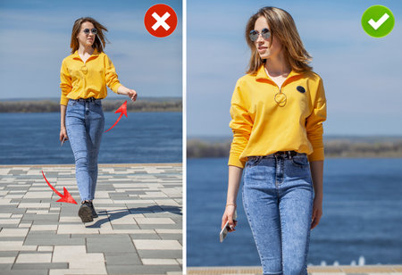 Photo posing walkthrough. Correct positioning of the models legs when walkingの写真素材