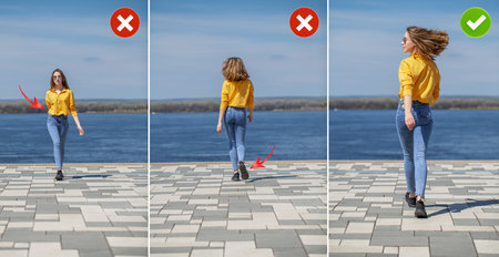 Photo posing walkthrough. Correct positioning of the models legs when walkingの写真素材