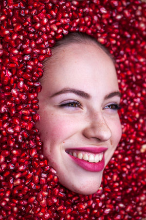 Close up portrait of a beautiful teenage girl in pomegranate seedsの写真素材