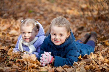 Couple sisters in autumn parkの写真素材