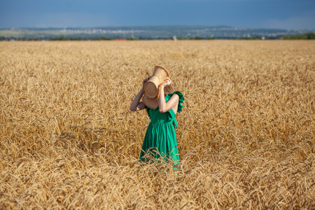 Young girl covering her face with a straw hat in a wheat fieldの写真素材