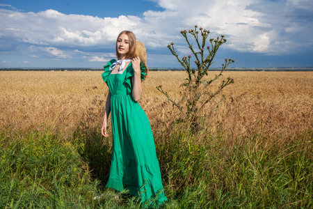 Portrait of a young beautiful blonde woman posing in a wheat fieldの写真素材