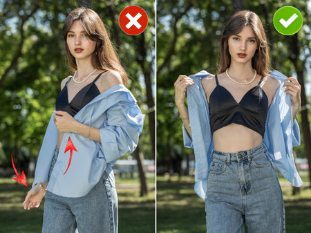 Collage of two photos. Common mistakes in female posing and how to avoid them.