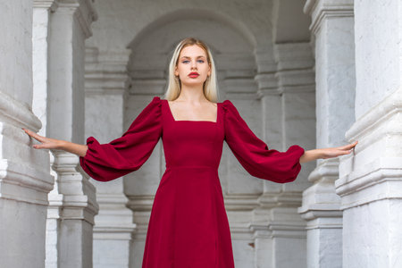 Portrait of a young woman in an evening burgundy dressの写真素材