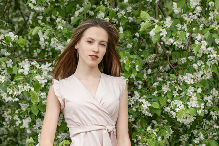 Young beautiful girl posing in a blooming gardenの写真素材