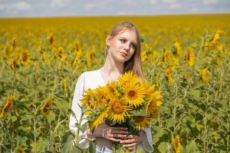 Portrait of a young beautiful girl in a field of sunflowersの写真素材