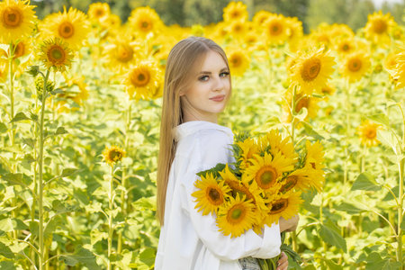 Portrait of a young beautiful girl in a field of sunflowersの写真素材