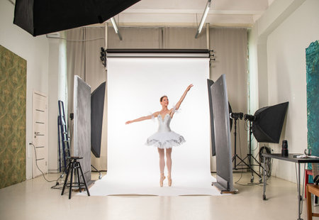 Studio portrait of a ballerina in a white tutuの写真素材