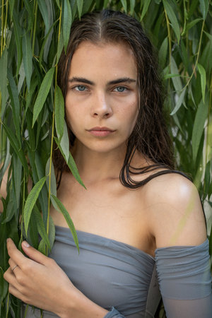 Close up portrait of a young brunette girlの写真素材