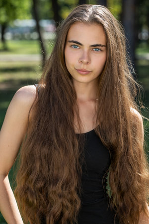 Close up portrait of a young beautiful woman, summer outdoorの写真素材