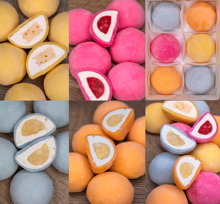 Collage Mochi - sweet Japanese dessert. Whole and pieces of dessert on a wooden boardの写真素材