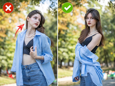 Collage of two photos. Common mistakes in female posing and how to avoid them.の写真素材