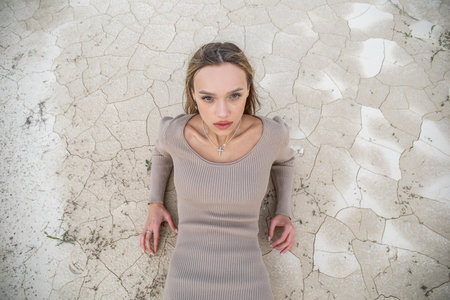 Portrait of young woman top viewの写真素材