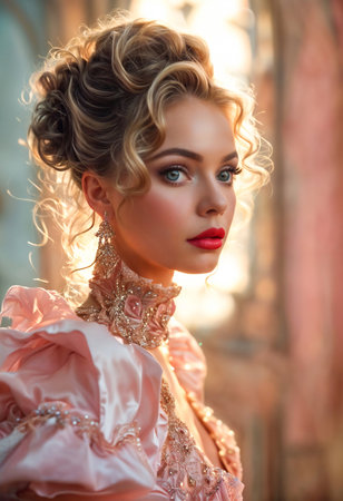 Image features a digital painting of a woman with blonde curly hair. Generative AIの素材