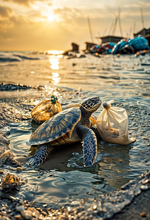 Environmental pollution. Sea turtle crawls ashore. Generative AIの素材