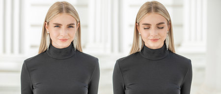Collage of two portraits of a blonde girls with open and closed eyes