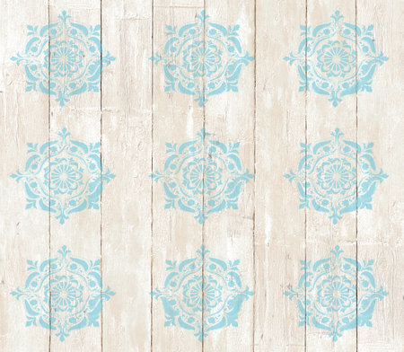 Modern retro nostalgia design tapestry textured with blue flowered ornament boho style decoration wooden panels boards backdropの写真素材