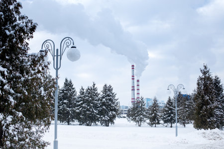 Industrial area of the city in winter, heat productionの写真素材