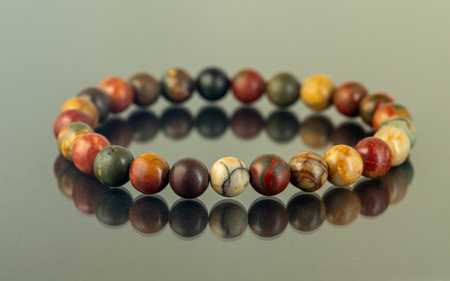 Natural stone jewelry bracelets. Handmade bead bracelet, bracelet made of stone round, studio quality, agate, lavaの写真素材