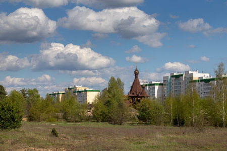 A small town under a bright blue sky, a beautiful cityの写真素材