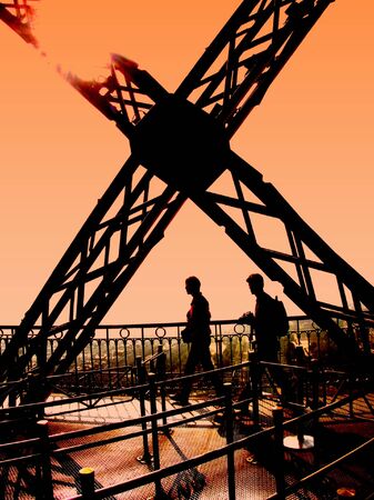 Eiffel Tower silhouetted couple paris france sunsetの写真素材