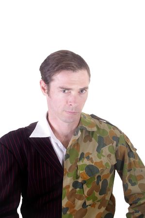 Conceptual image of business man and army man with half shaved head and part suit and part soldier uniform.の写真素材