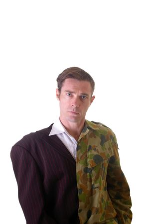 Conceptual image of business man and army man with half shaved head and part suit and part soldier uniform.の写真素材