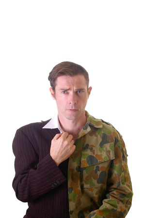 Conceptual image of business man and army man with half shaved head and part suit and part soldier uniform.の写真素材