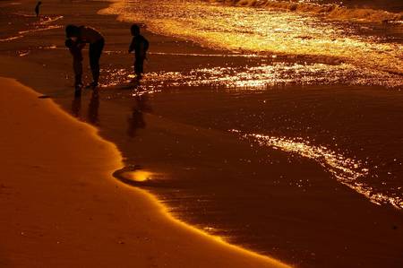 Young  and old silhouetted  on noosa beach の写真素材