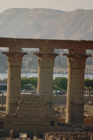 columns of Luxor temple against the nile Egypt 