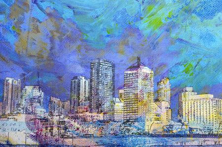 Oil painting of unrecognisable city buildings and landscapeの写真素材