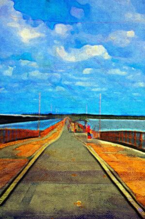 original oil painting of long pier on stretched canvasの写真素材