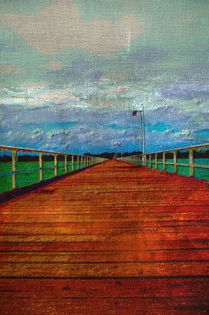 original oil painting of hervey bay empty long wooden pier の写真素材