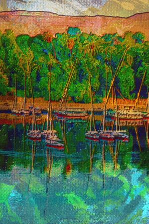 original oil painting of A Feluccas on the nile の写真素材