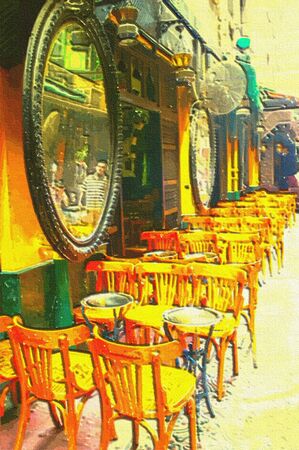 original oil painting of empty coffee shop and smoke houseの写真素材