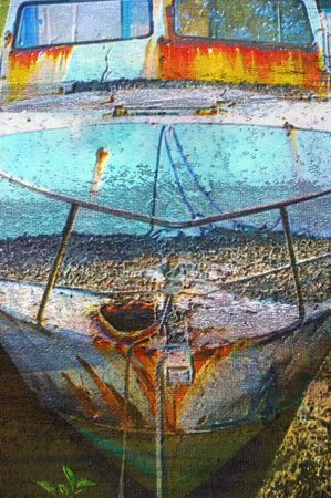 original oil painting of old boat moored at moreton bay brisbaneの写真素材