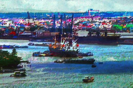 original oil painting of saigon harbor waterfrontの写真素材