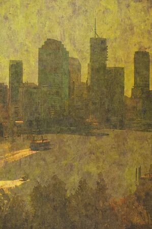 original oil painting of brisbane city river life cityscapeの写真素材